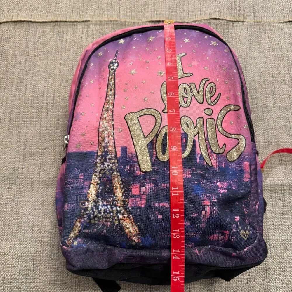 Justice Girls I Love Paris Backpack Pink Purple Eiffel Tower Glitter School Bag